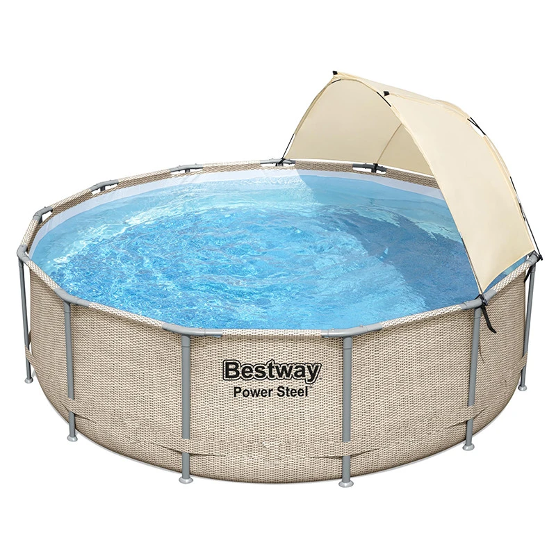 Piscine Tubulaire Ronde Bestway Power Steel 3,96 X 1,07m Aspect Rotin Beige Avec Canopy